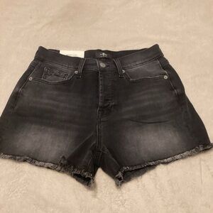 7 For All Mankind Black Washed High-Rise Frayed Hem Denim Shorts